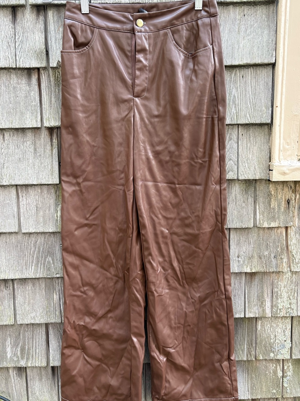 Cider Brown Faux Leather Wide-Leg Pants